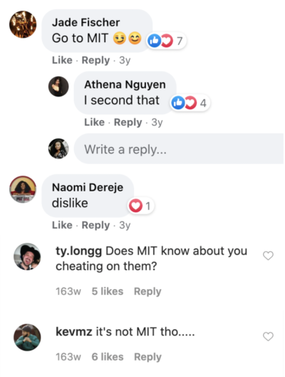 Facebook and Instagram comments from MIT students when Daymé posted a picture of her at Stanford