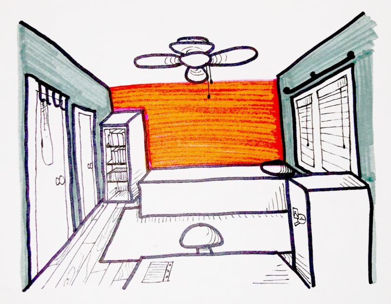 a drawing of my bedroom, showing the red and grey walls