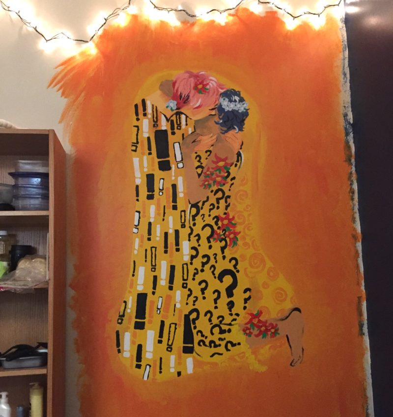 a photo of my mural, inspired by klimt's the kiss