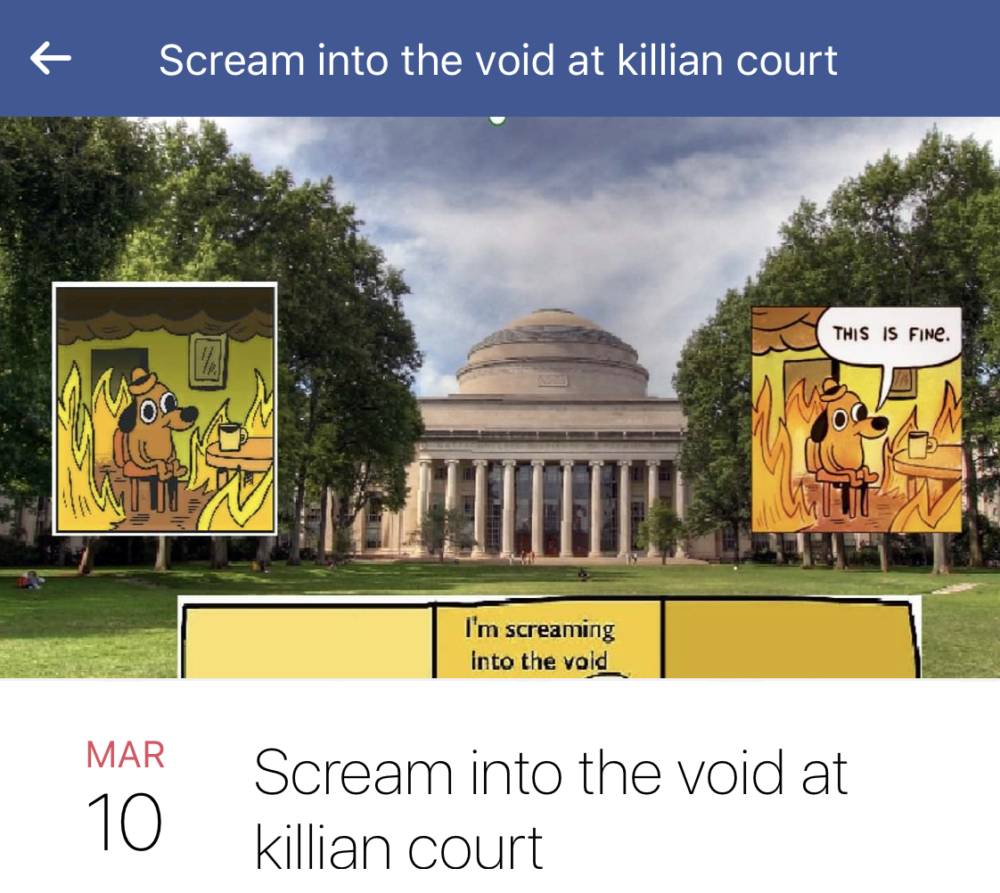 a facebook invite for an event called "Scream into the void at killian court"