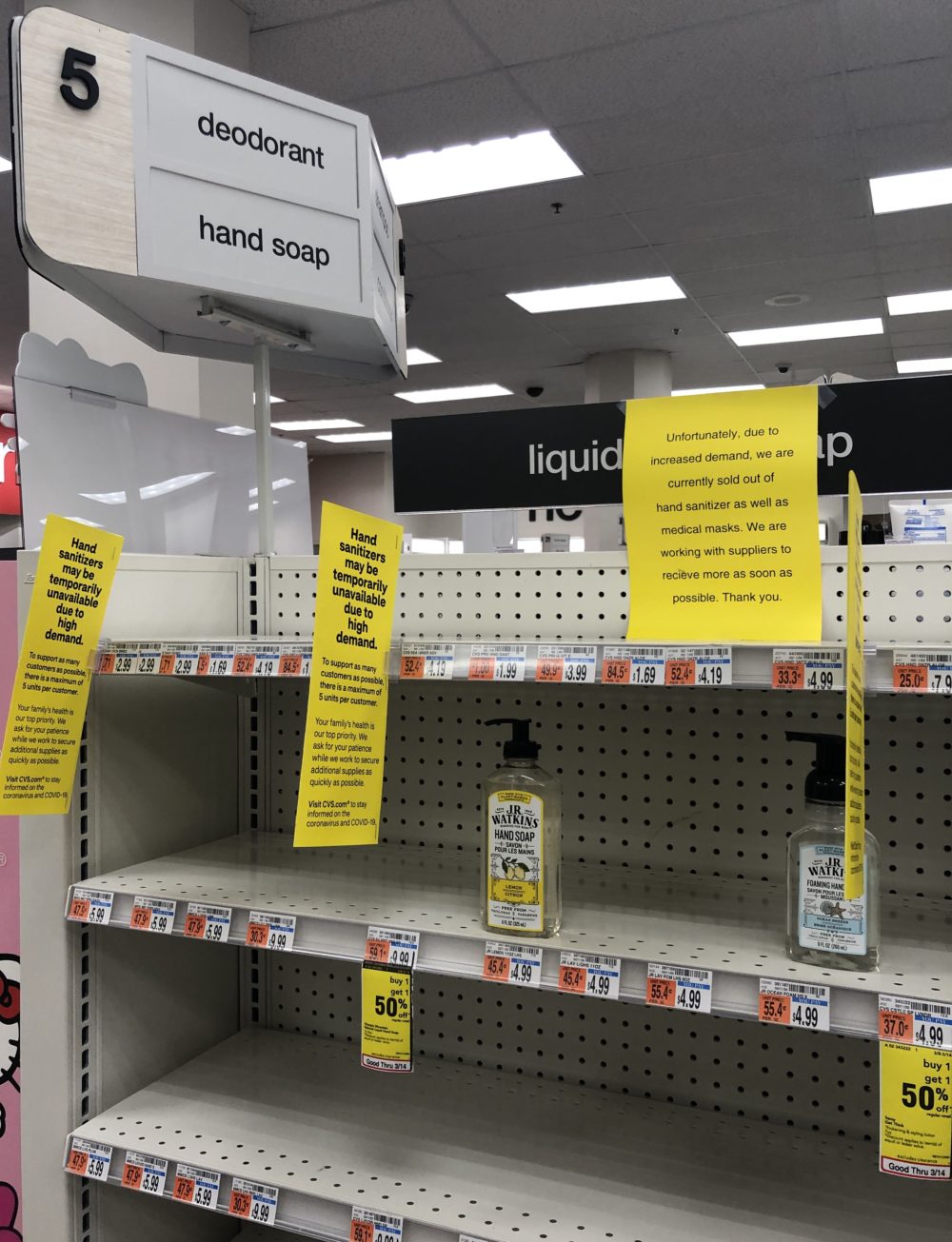 empty shelves in a pharmacy where soap is supposed to be