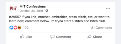 A screenshot of a post on a social media page known as MIT Confessions, asking members of the community if there was interest in crafts like knitting, crocheting, and embroidery