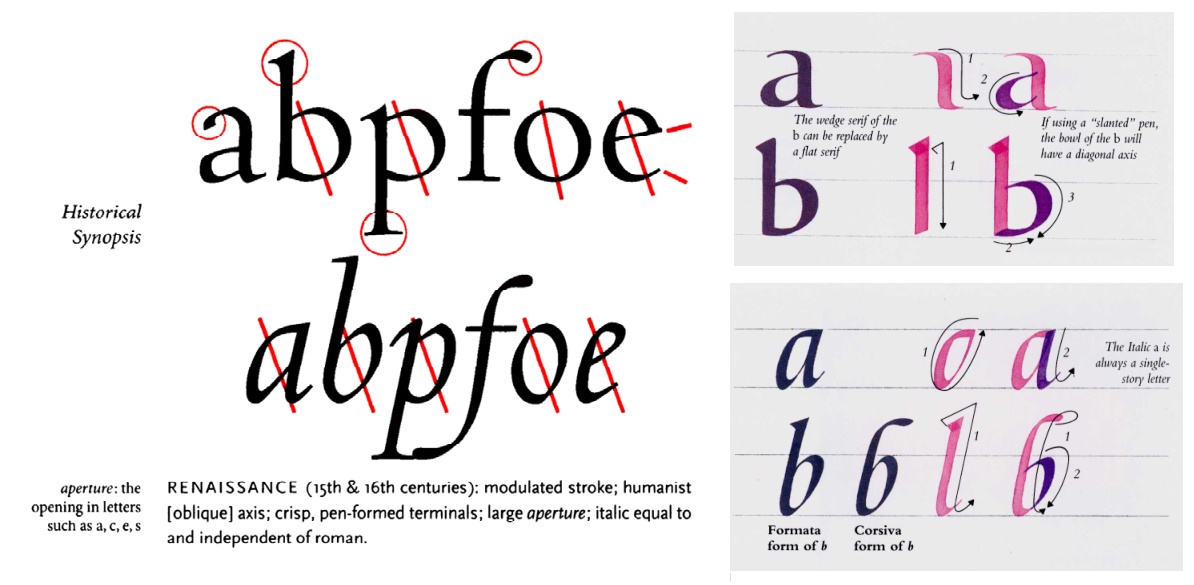 left: the letters abpfoe in two fonts, one roman, one italic. right: the letters a and b, in humanist script and italic script.