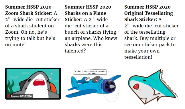 three shark-themed stickers and their descriptions. one is of a shark on a zoom call, another are sharks on a literal airplane, and another is a sticker of a tessellating shark