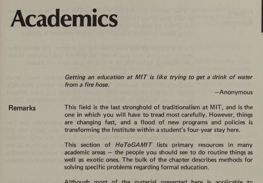 scan from a book. section header is "academics". the epigraph is "Getting an education at MIT is like trying to get a drink of water from a fire hose." attributed to anonymous