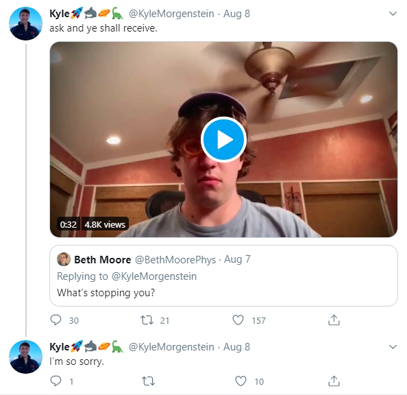 twitter screenshot. tweet from @KyleMoregenstein, "ask and ye shall receive", with a screenshot of a video of him eating an onion. he replies to himself, saying "I'm so sorry."