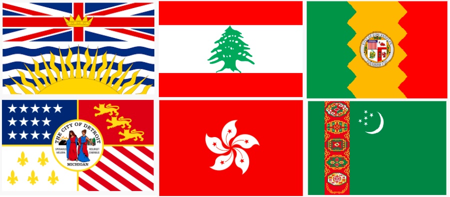 six flags. from right to left, top to bottom: british columbia, lebanon, los angeles, detroit, hong kong, turkmenistan.