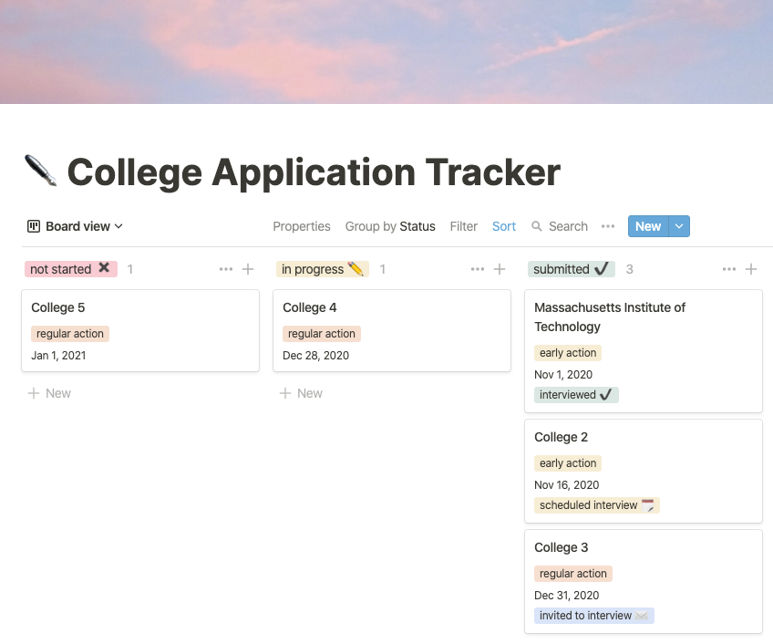 kanban board for college applications
