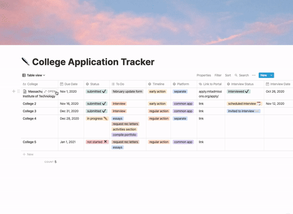 college app tracker in notion