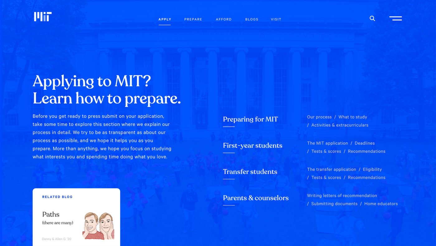 Mockup of the MIT Admissions apply page