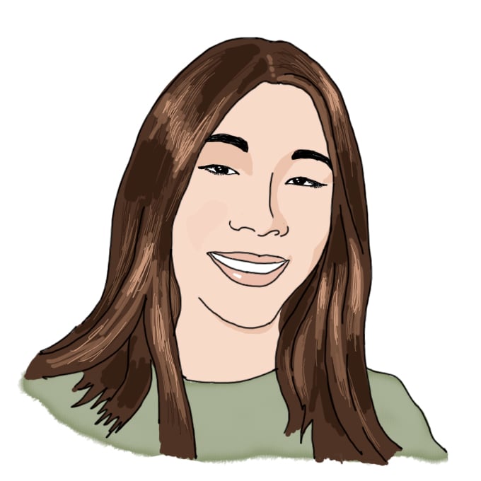 A head-and-shoulders illustration of Mel. They have light skin, shoulder-length or slightly longer brown hair, and a green shirt.