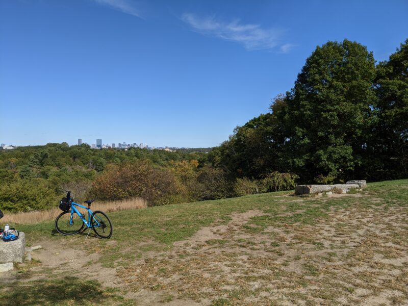 view of boston skyline far in the distance from top of peters hill
