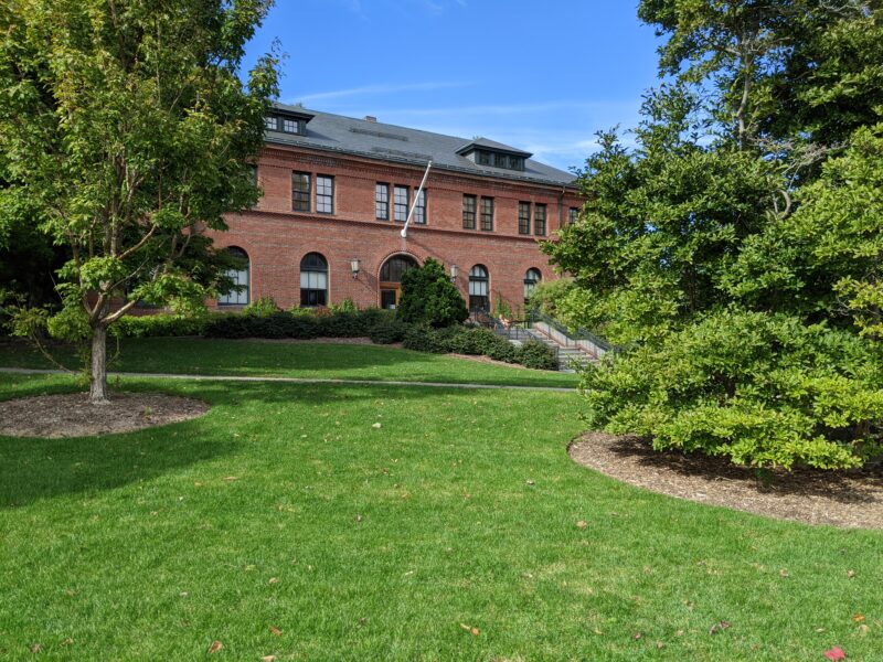 long brick building in the arboretum