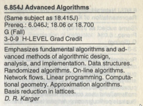 the entry for 6.854 Advanced Algorithms in the 2000–2001 catalog, with Karger listed as professor