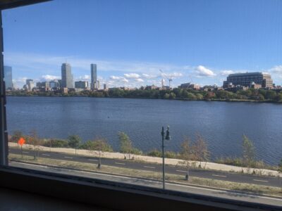 a picture of the boston skyline and charles river from my window