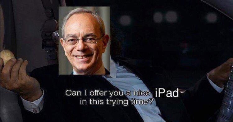 picture of rafael reif photoshopped onto danny devito from it's always sunny holding an egg, captioned "can i offer you an iPad in this trying time"