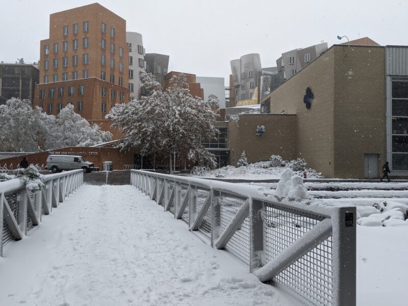 walkway towards MIT's Stata Center, covered in snow