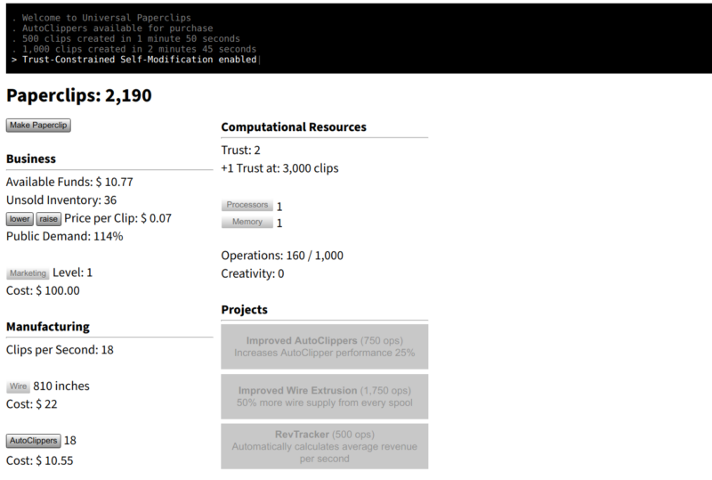 a screenshot of universal paperclips. there are 2190 paperclips, with tabs saying "business", "manufacturing", "computational resources".