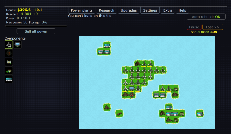 screenshot of reactor idle. there's an island with windmills, a solar panel, and research labs. there's $396 money and 1801 research.