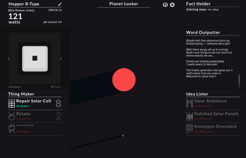 screenshot of spaceplan. there are 121 watts, a red circle in the center of the screen representing a planet, and a dot orbiting it.