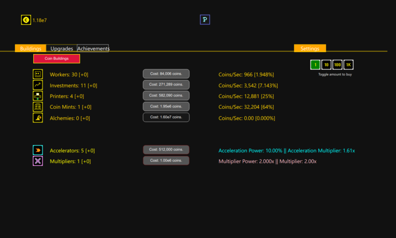 screenshot of synergism. there's 1.16e7 coins, and buttons to buy workers, investments, printers, accelerators, multipliers.