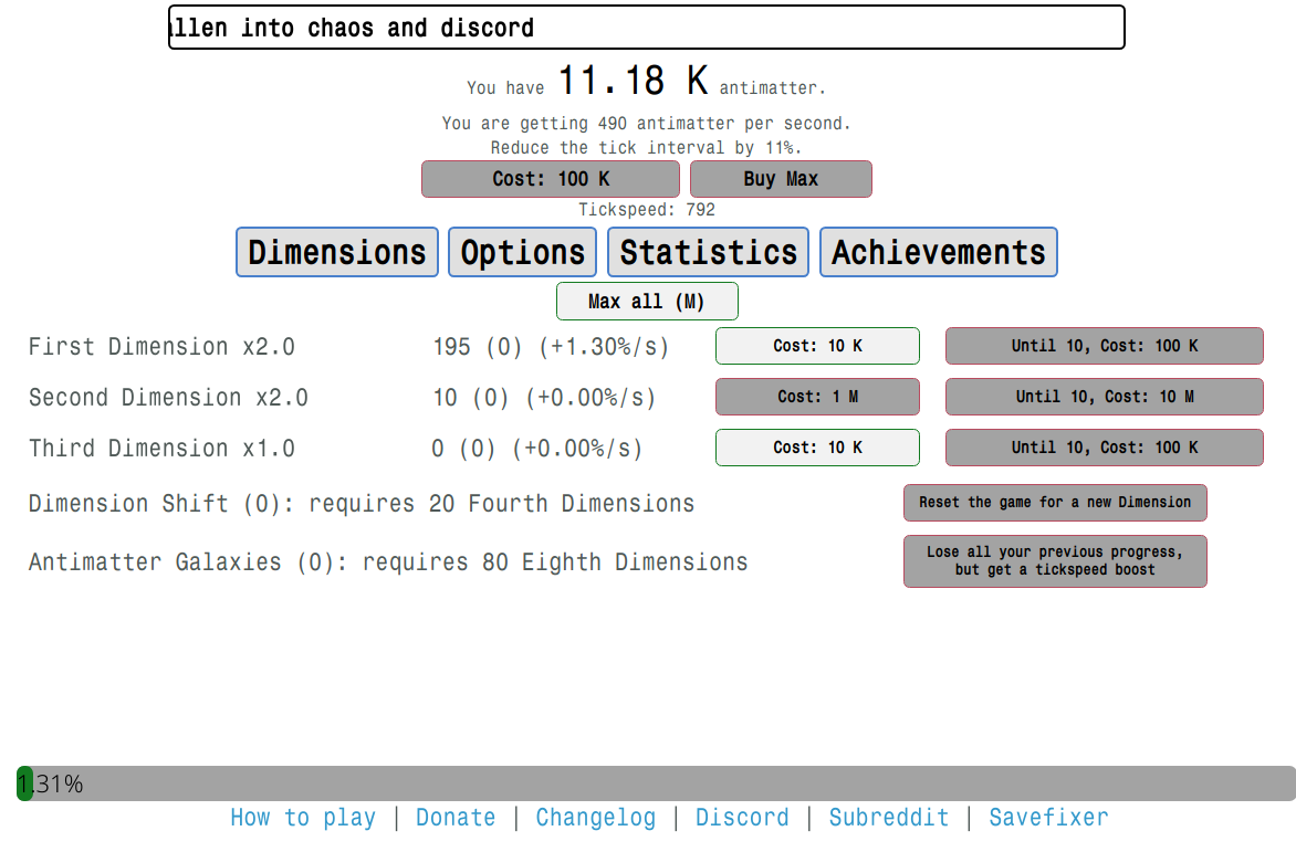 screenshot of antimatter dimensions. there is 11.18K antimatter, and several buttons to buy "dimensions" that produce antimatter.