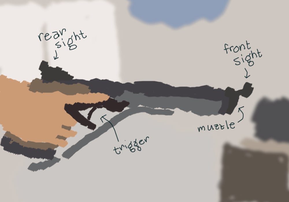 a drawing of the air pistol, with the muzzle, trigger, and rear and front sights labeled.