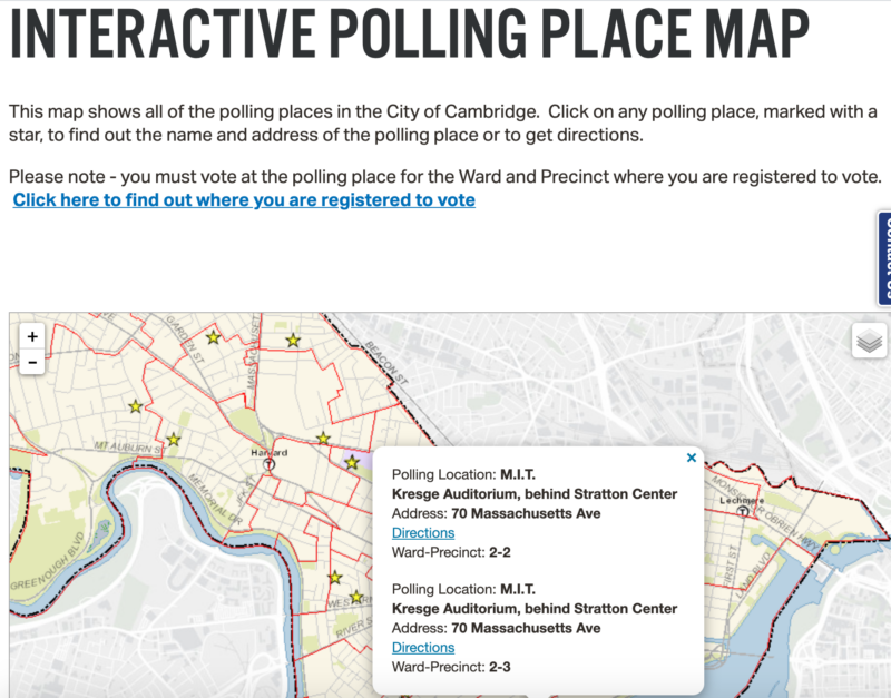 a map of cambridge polling locations with the MIT location selected