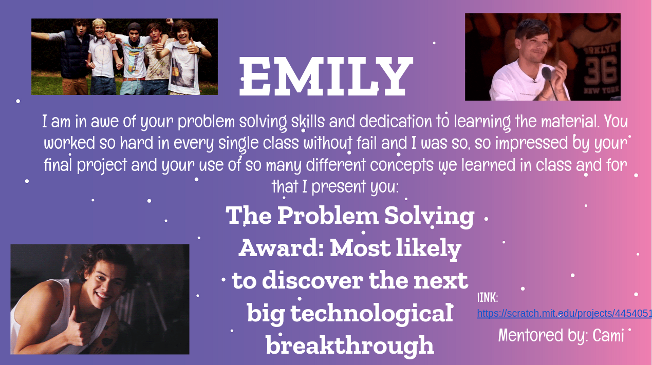 slide for emily awarding her with the problem solving award