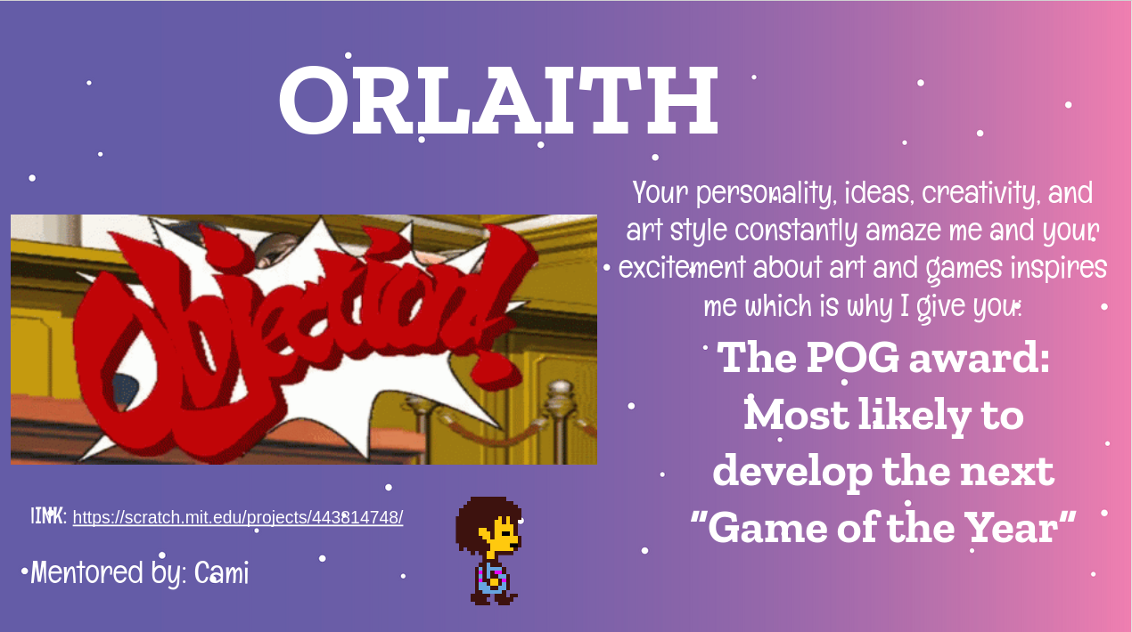 cami's slide for orlaith with a phoenix wright and undertale reference