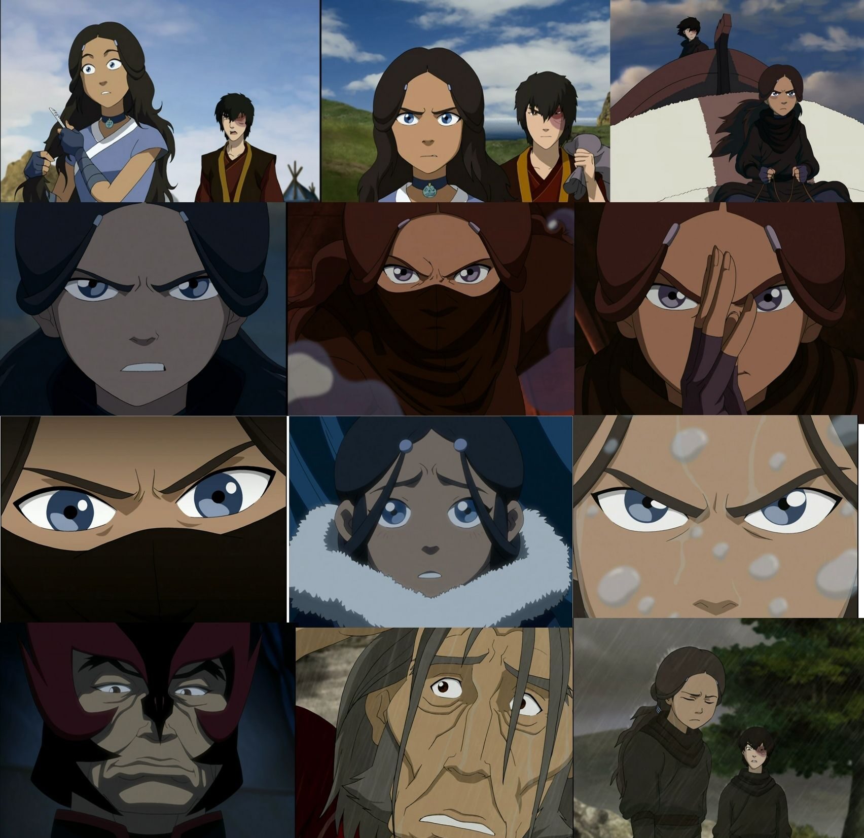 a group of pictures of eyes (mostly katara's)