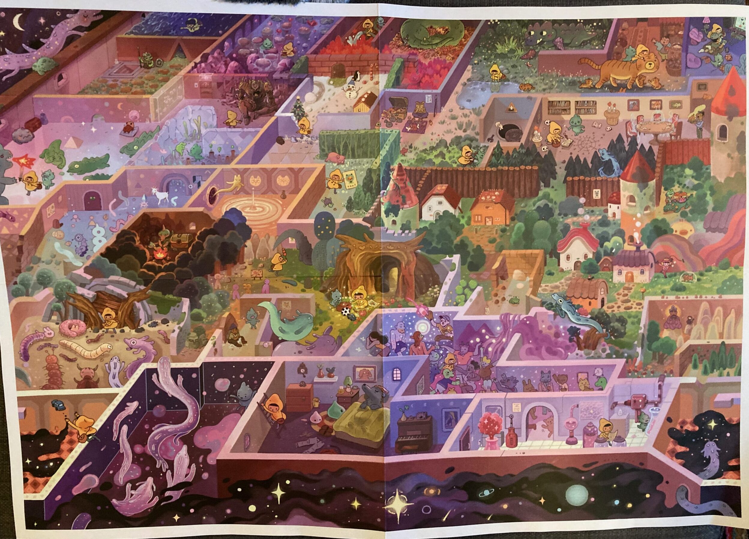 The poster art for a puzzle. It is a very colorful maze where every room has a different environment.