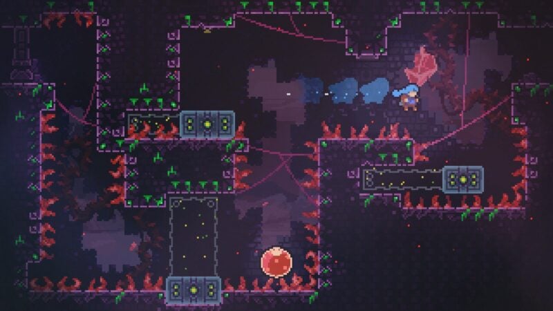 screenshot from celeste. madeline jumps onto a moving platform.