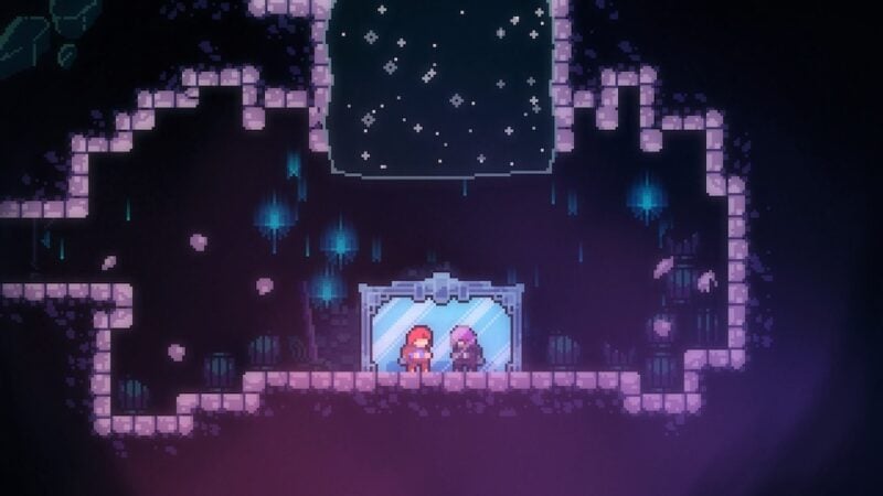 screenshot from celeste. madeline looks at her reflection in a mirror, which is a different version of her.