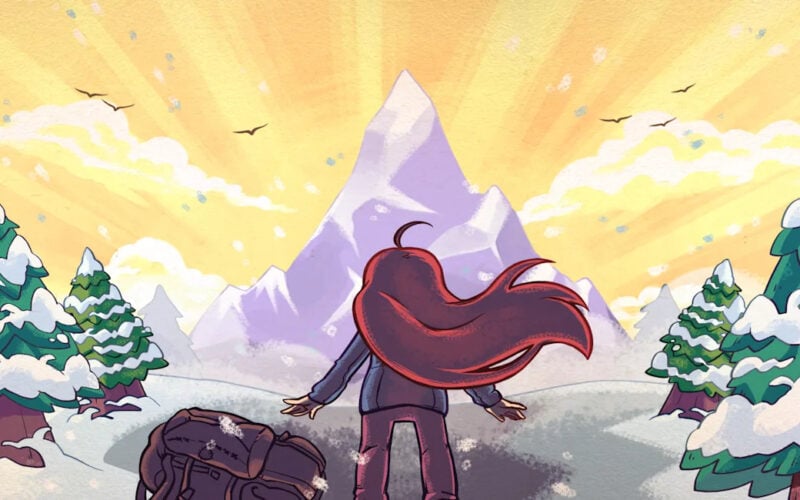 screenshot from celeste. madeline stands in front of a mountain.