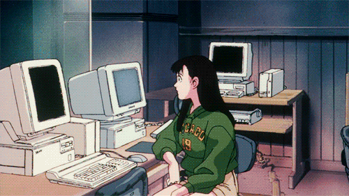 animated woman nervous at computer