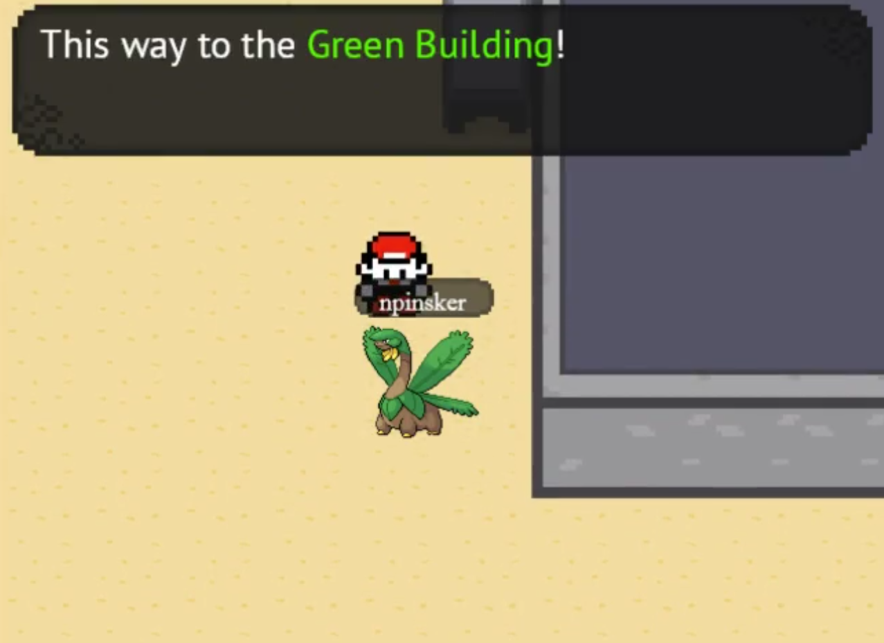 screenshot, dialogue box "This way to the Green Building!"