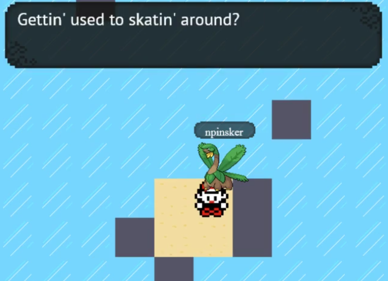 screenshot in some ice puzzle, dialogue box: "Gettin used to skatin around?"