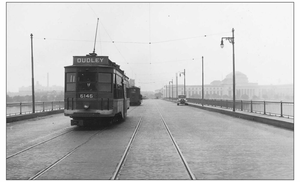 image of streetcar crossing harvard bridge circa 1929