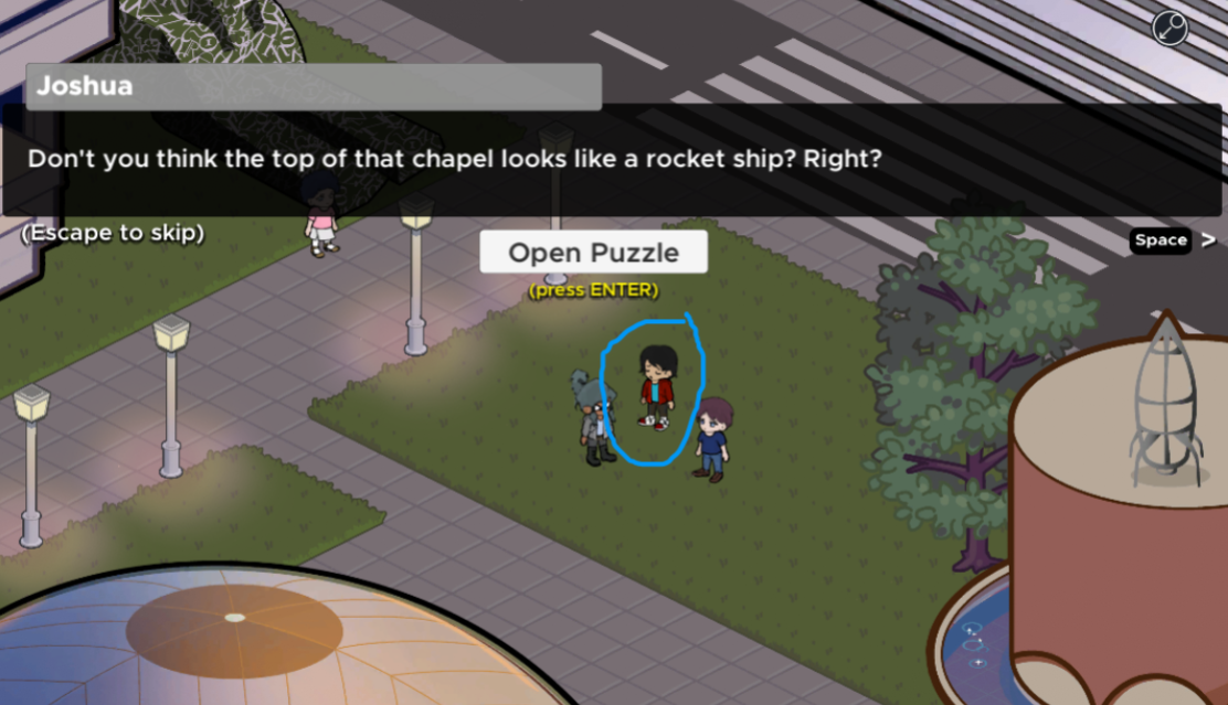 mmo screenshot with an npc circled. text: don't you think the top of that chapel looks like a rocket ship? right?
