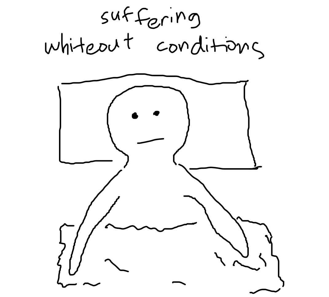 text: "suffering whiteout conditions", over drawing of someone lying on bed, staring up