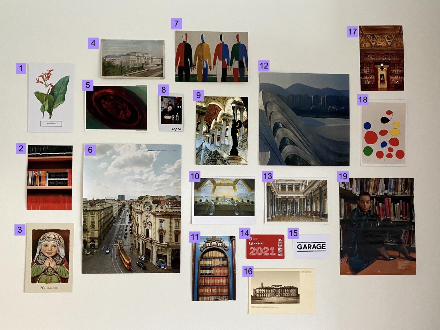 many photos on a wall, labeled with numbers