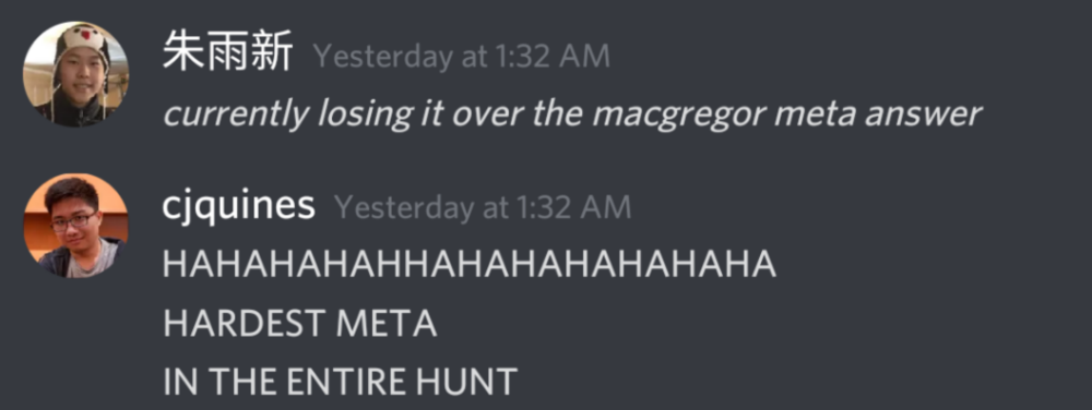 screenshot of alan and CJ joking about the MacGregor meta puzzle