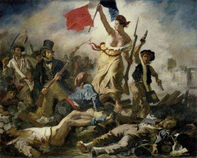 Painting shows a woman holding the French flag and leading a charging mob
