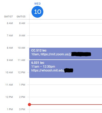 screenshot of google calendar from today