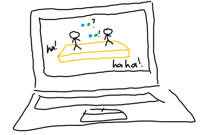 drawing of a laptop. in the monitor, there's a stage, two people talking in colored circles, and laughs from the audience