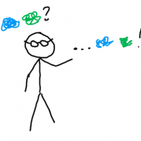 stick figure with glasses says some blurry colored circles