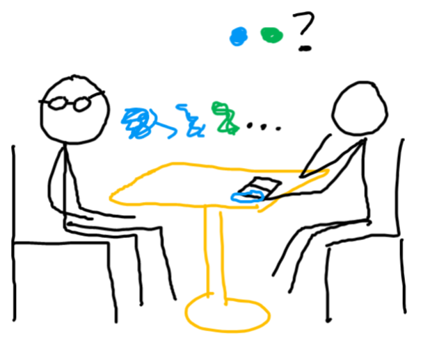 across a table, there's someone with glasses and someone taking notes. the person taking notes asks a question with colored circles. the person with glasses answers with blurry colored circles.