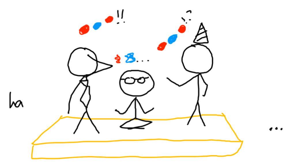 three people on a stage. one has a tie, one has glasses, one has a party hat. they talk in colored circles. there's a few laughs from the audience.