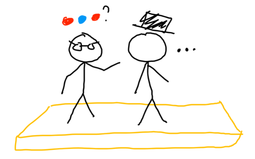 two people on a stage, one has glasses, one has a top hat. the one with glasses asks a question with colored circles.